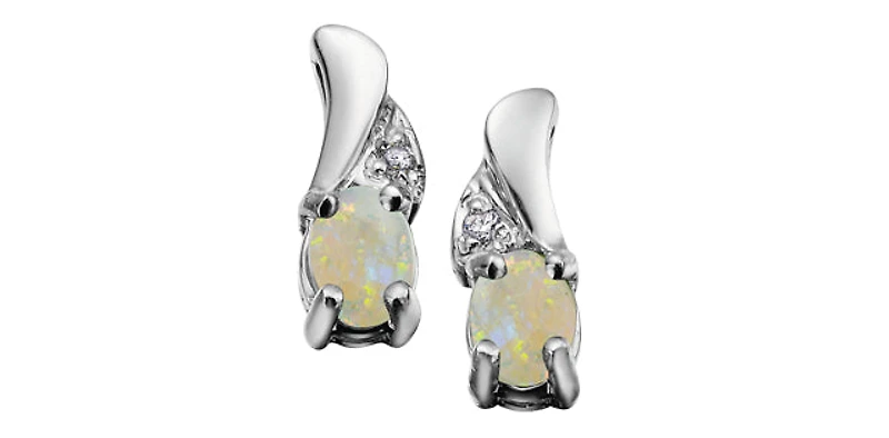 10K White Gold 0.22cttw Genuine Opal and 0.01cttw Diamond Earrings