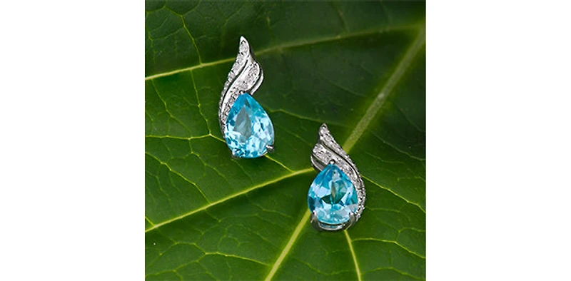 10K White Gold  Blue Topaz &  Diamond Stud Earrings