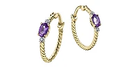 10K Yellow Gold  Amethyst and Diamond Hoop Earrings
