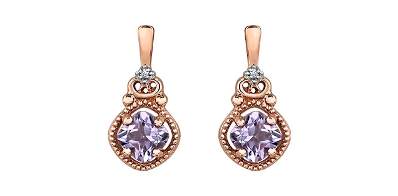 10K Rose Gold Pink Amethyst and Diamond Dangle Earrings