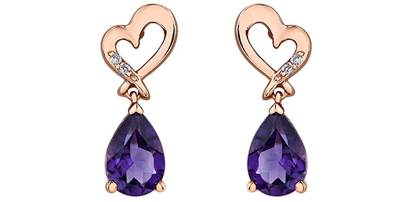 10K Rose Gold Amethyst and Diamond Dangle Earrings