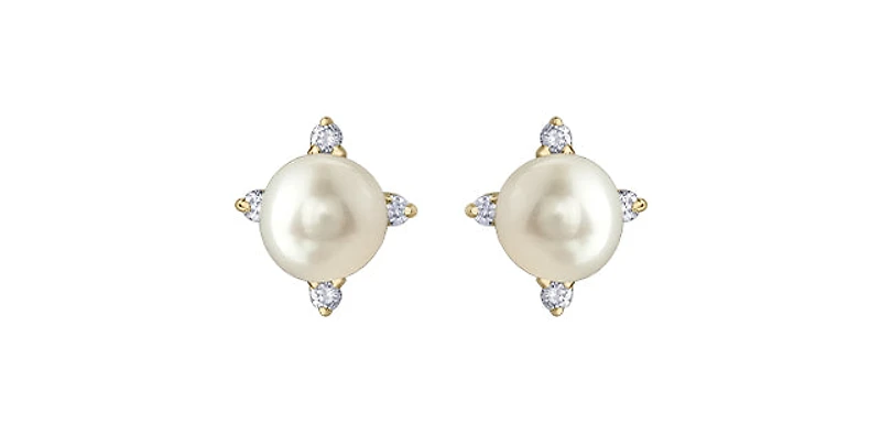 10K Yellow Gold Pearl and Diamond Earrings with Butterfly Backs