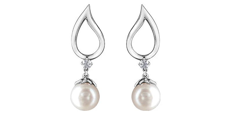 10K White Gold 6.5mm Cultured Pearl and 0.08cttw Canadian Diamond Dangle Earrings