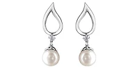10K White Gold 6.5mm Cultured Pearl and 0.08cttw Canadian Diamond Dangle Earrings