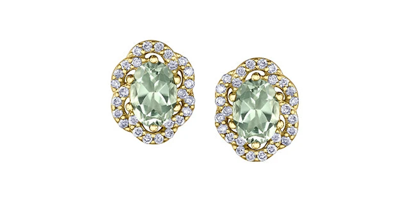 10K Yellow Gold Prasiolite / Green Amethyst and Diamond Earrings