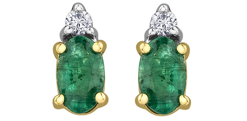 10K Yellow Gold  Oval Cut Emerald and Diamond Stud Earrings