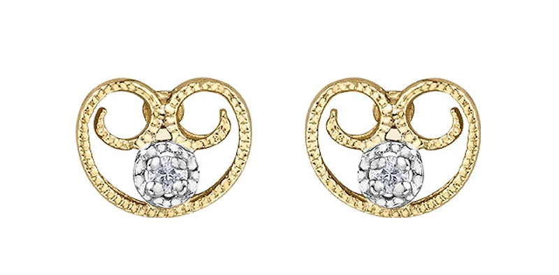 10K Yellow Gold Diamond Filigree Antique Heart Earrings 0.02cttw