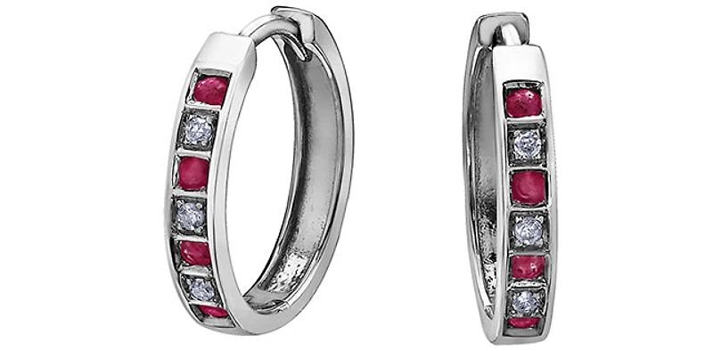 10K White Gold 0.16cttw Genuine Ruby & 0.03cttw Diamond Hoop Huggie Hinged Earrings