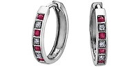 10K White Gold 0.16cttw Genuine Ruby & 0.03cttw Diamond Hoop Huggie Hinged Earrings