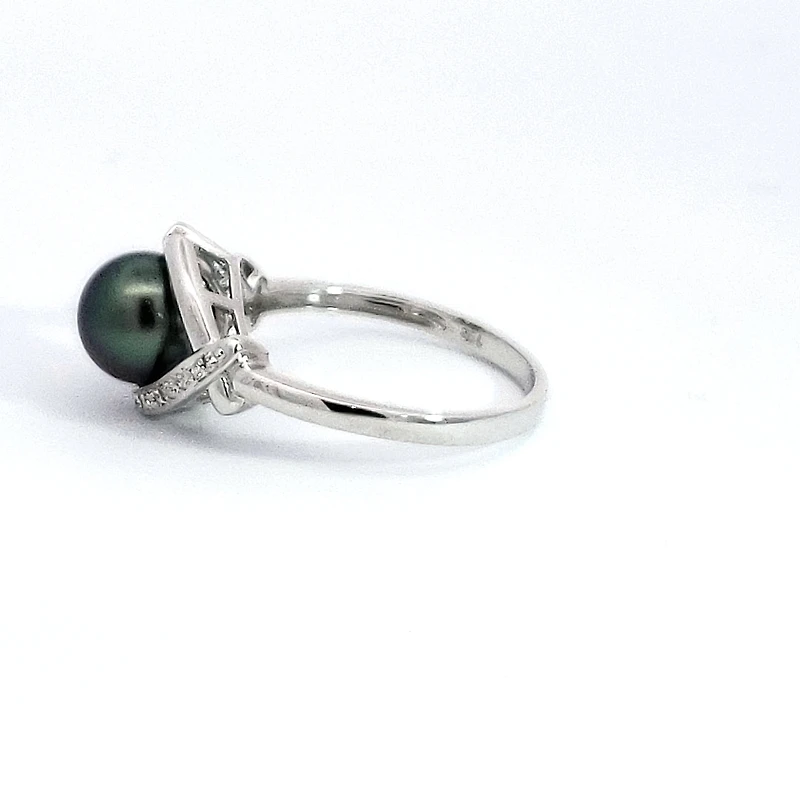 14K White Gold Tahitian Pearl and Diamond Ring - Size 6