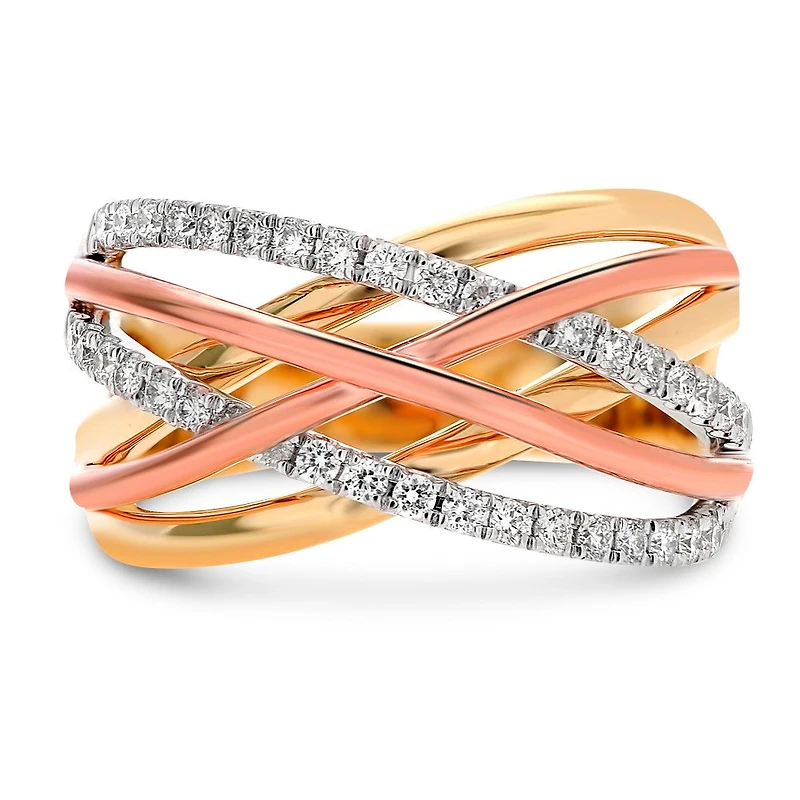 14K Tri-Tone Yellow, White and Rose Gold 0.37cttw Diamond Overlapping Ring - Size 6.5
