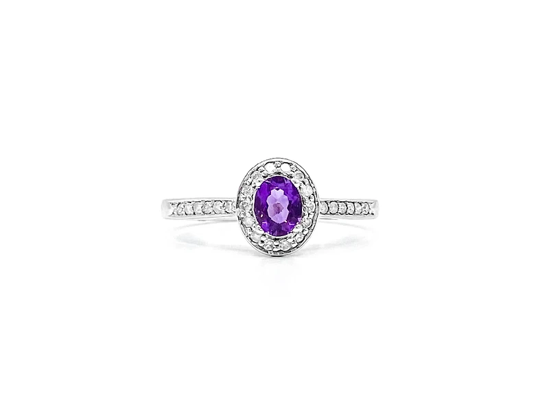 10K White Gold 0.30cttw Genuine Amethyst and 0.13cttw Diamond Halo Ring, size 6.5