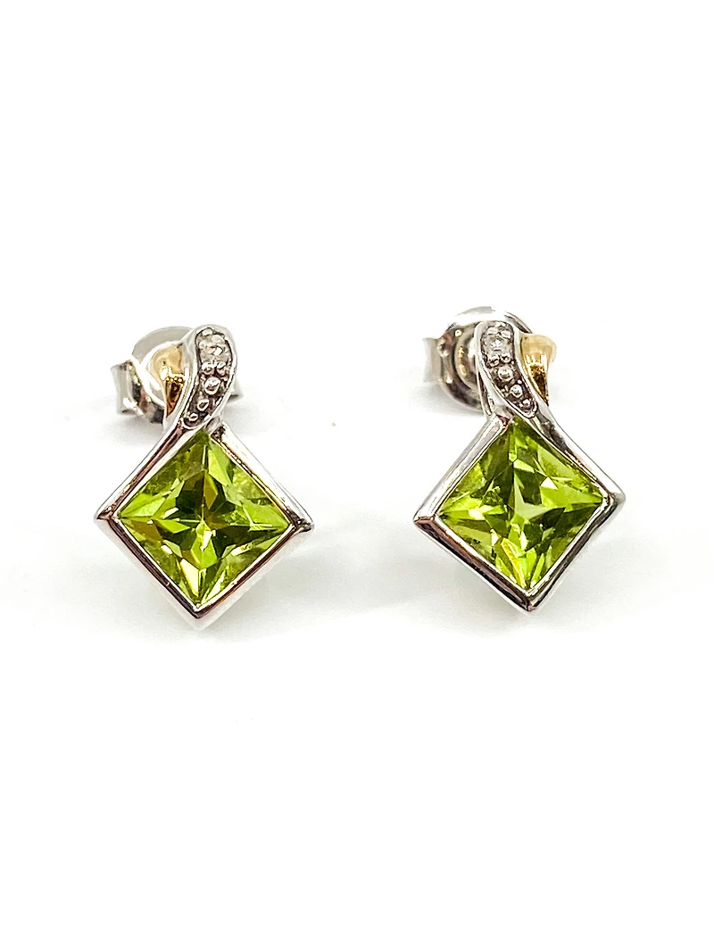 10K White & Yellow Gold 1.80cttw Genuine Peridot and 0.01cttw Diamond Earrings