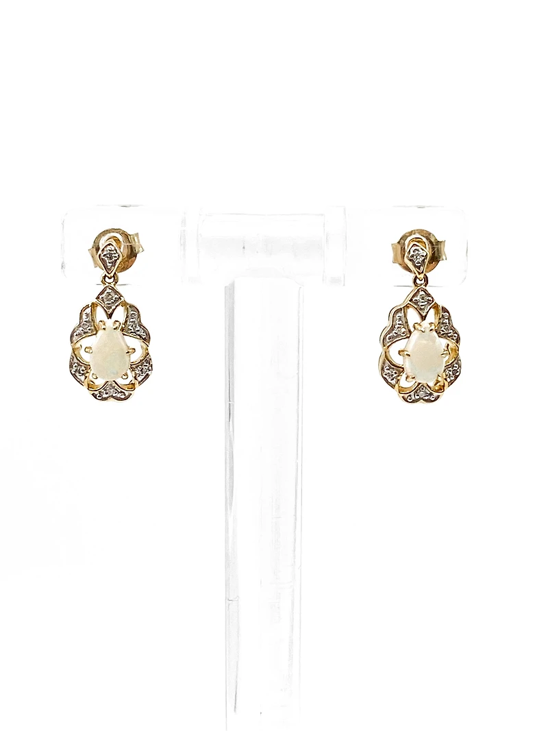 10K Yellow Gold 0.50cttw Genuine Opal and 0.06cttw Diamond Earrings