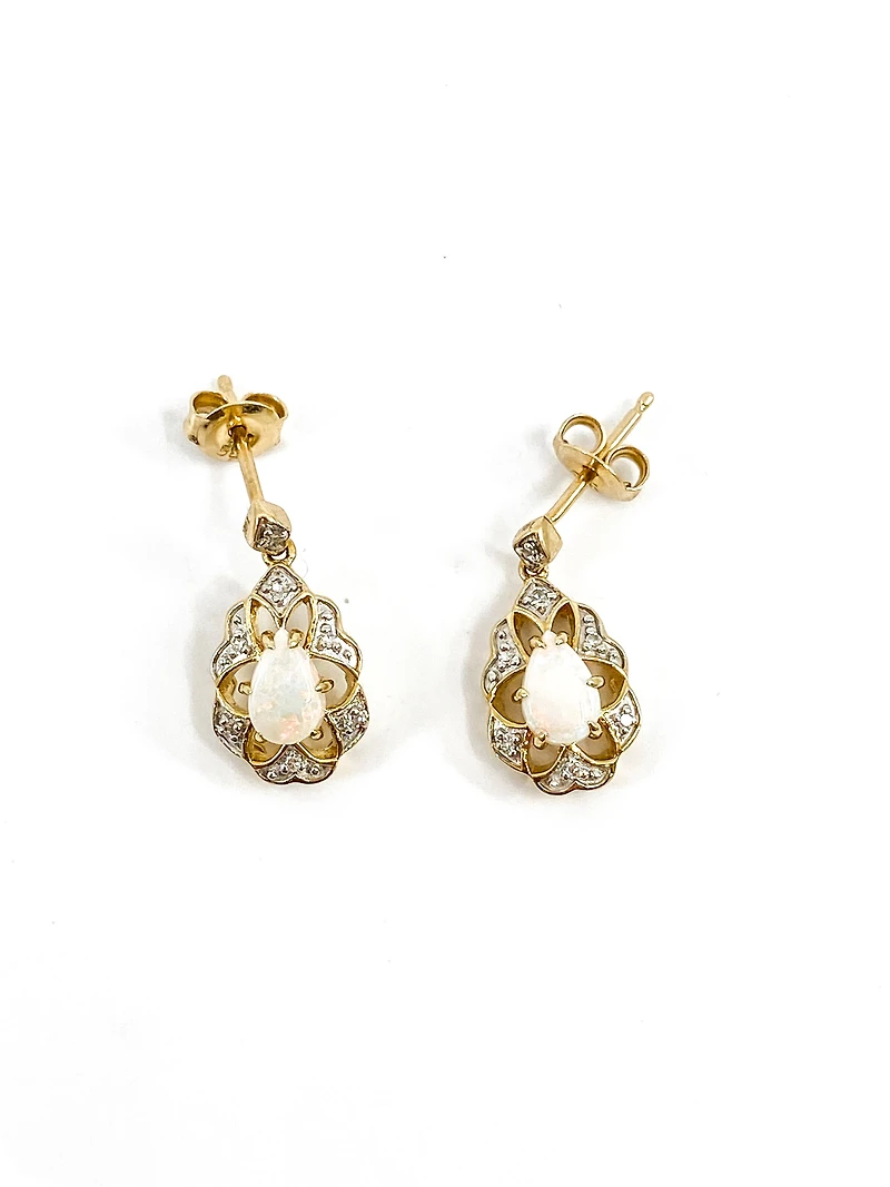 10K Yellow Gold 0.50cttw Genuine Opal and 0.06cttw Diamond Earrings