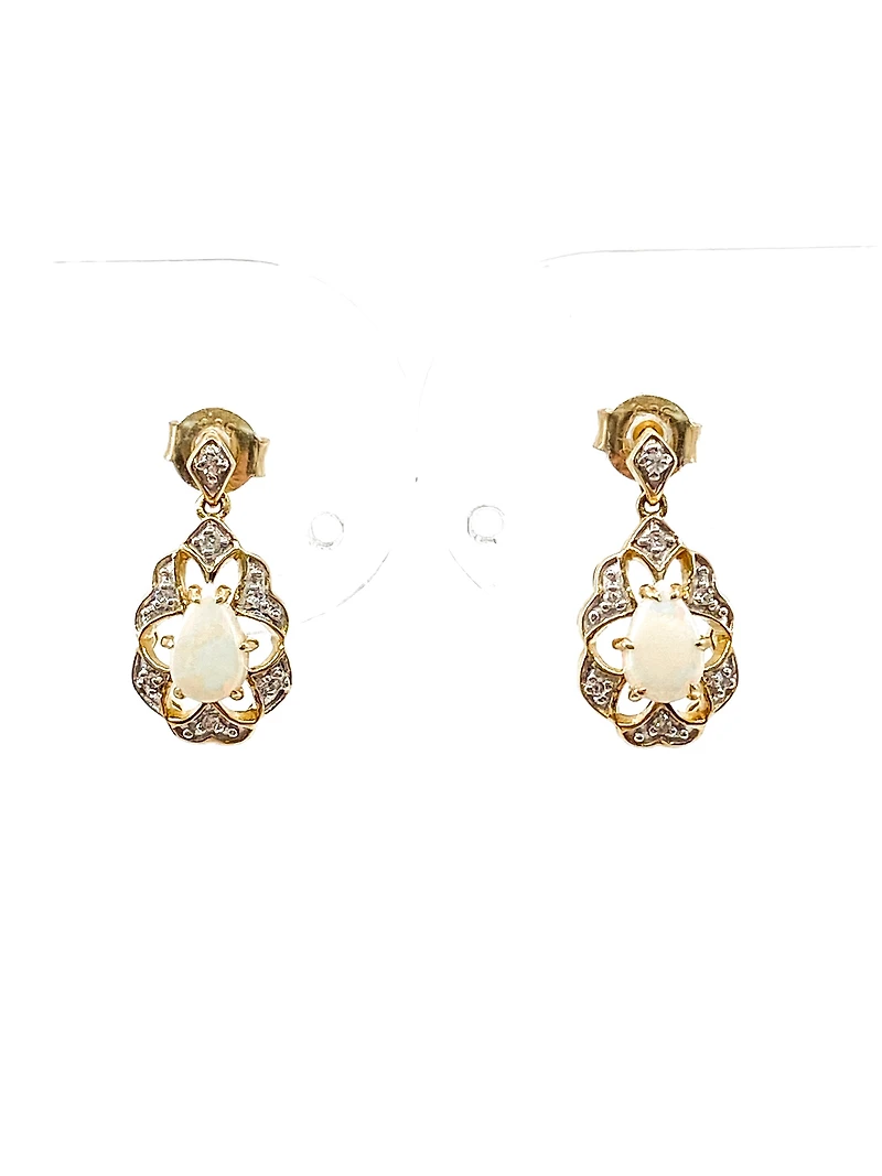 10K Yellow Gold 0.50cttw Genuine Opal and 0.06cttw Diamond Earrings