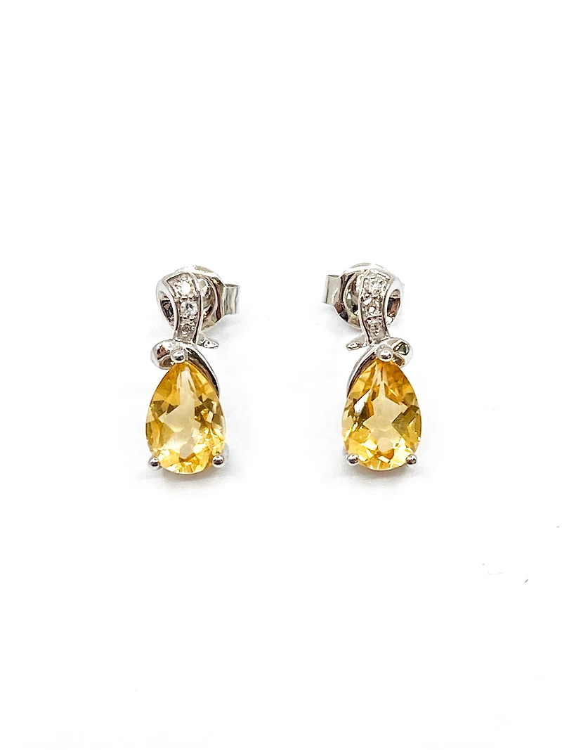 10K White Gold 1.25cttw Genuine Citrine & 0.032cttw Diamond Earrings