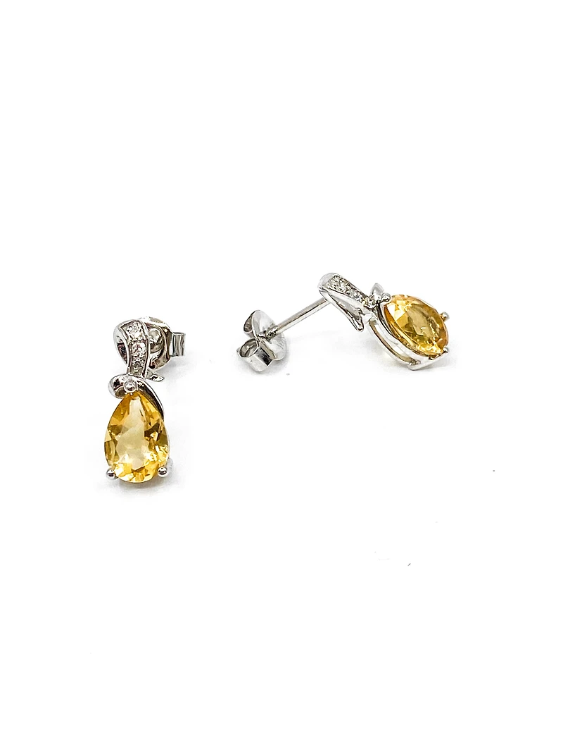 10K White Gold 1.25cttw Genuine Citrine & 0.032cttw Diamond Earrings
