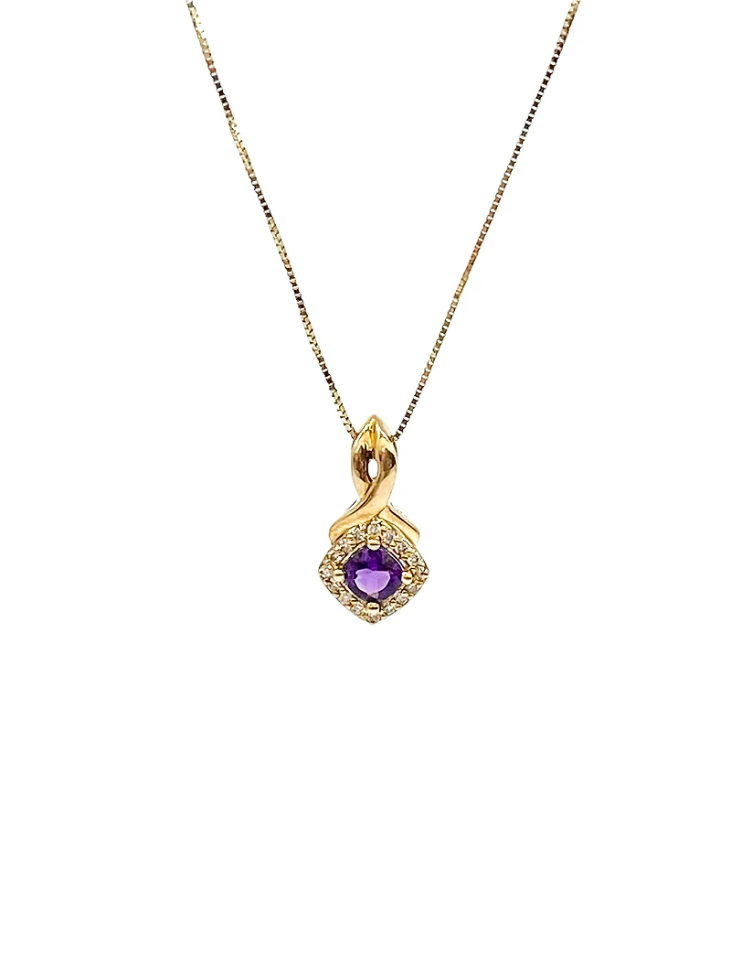 10K Yellow Gold 0.33cttw Genuine Amethyst and 0.08cttw Diamond Halo Pendant, 18"