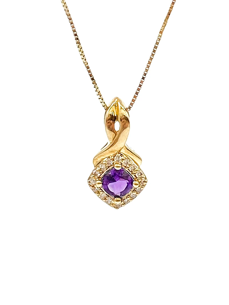 10K Yellow Gold 0.33cttw Genuine Amethyst and 0.08cttw Diamond Halo Pendant, 18"