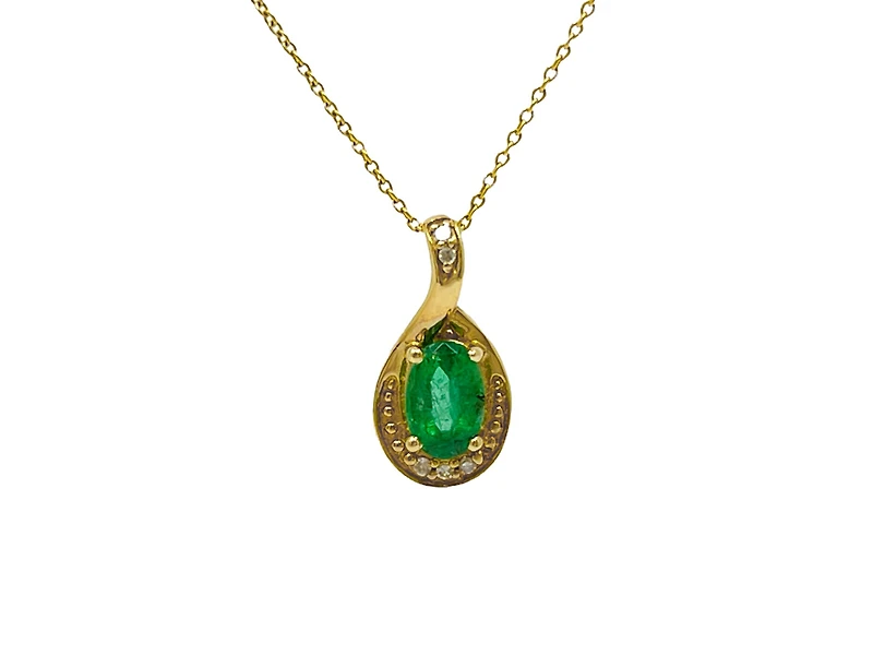 10K Yellow Gold 6x4mm Emerald and 0.03cttw Diamond Pendant, 18"