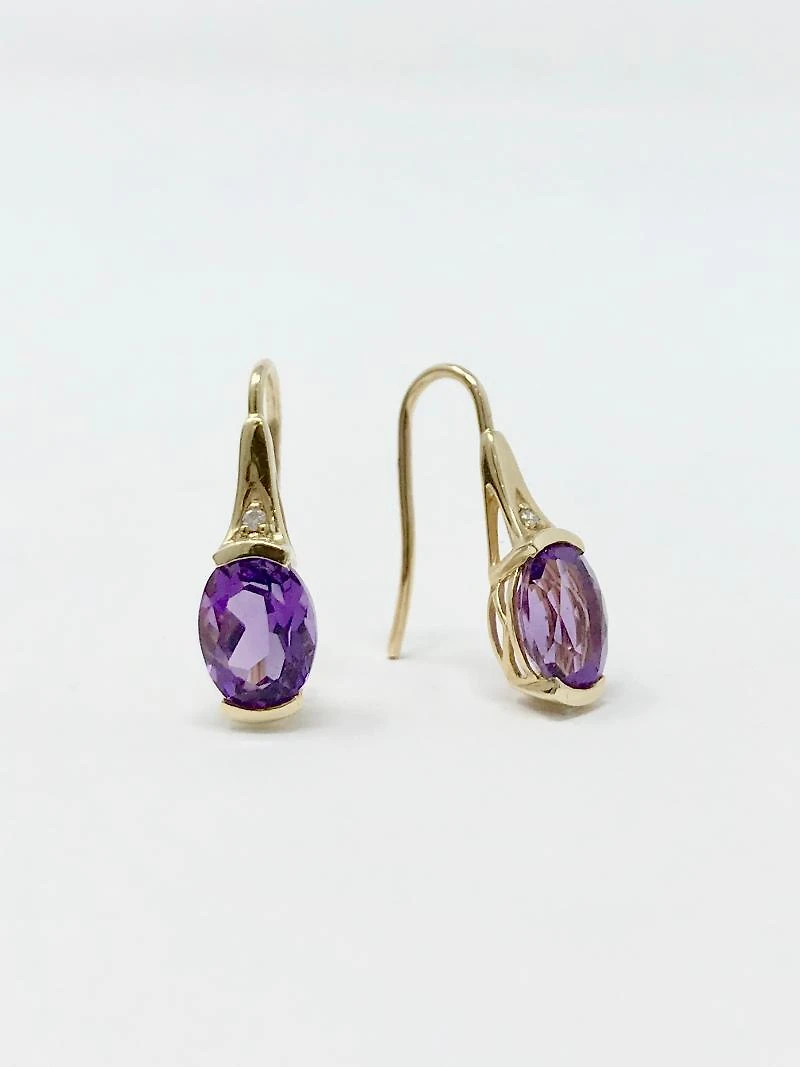10K Yellow Gold 2.40cttw Genuine Amethyst and 0.02cttw Diamond Dangle / Drop Earrings
