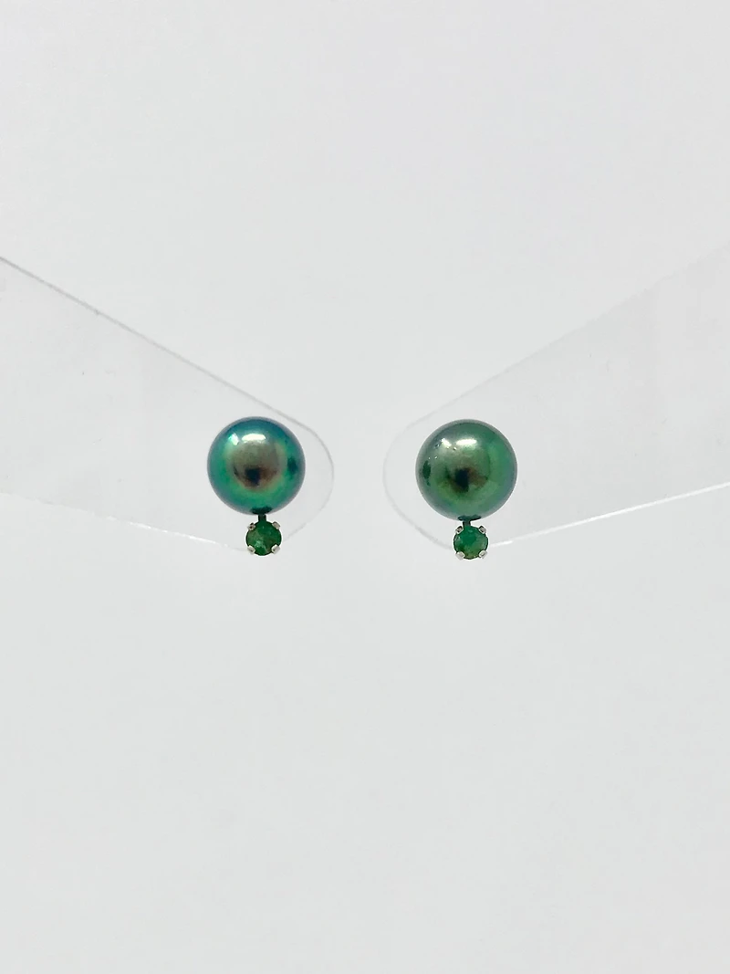 Cultured Black Pearl with Emerald Earrings