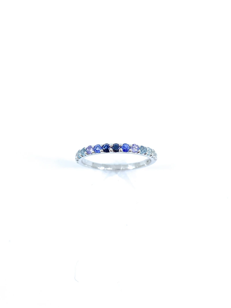 10K White Gold Genuine 2mm White Zircon, Aquamarine, Blue Zircon, Blue Topaz, Tanzanite, Ceylon Sapphire and Sapphire Gemstone Ring, size 6.5 - 4.5