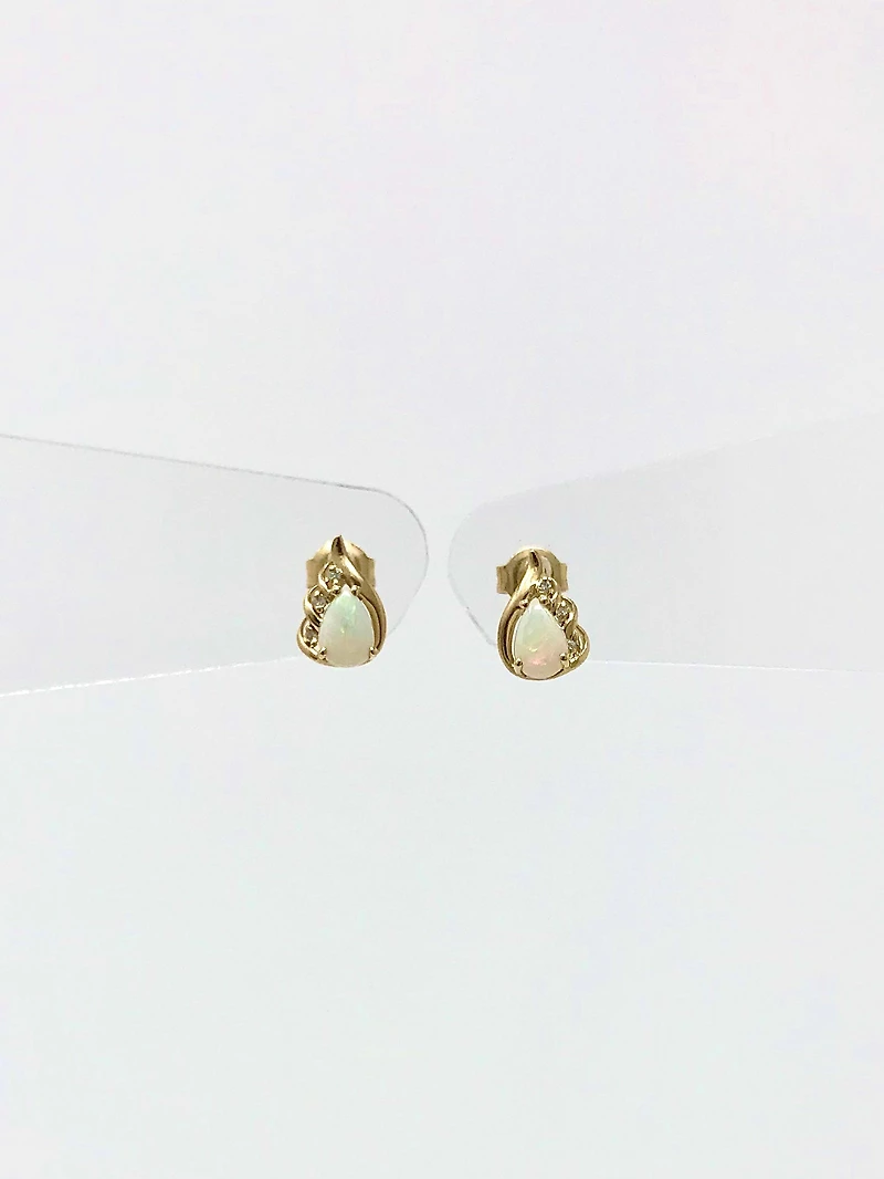 10K Yellow Gold 0.65cttw Genuine Opal and 0.03cttw Diamond Earrings