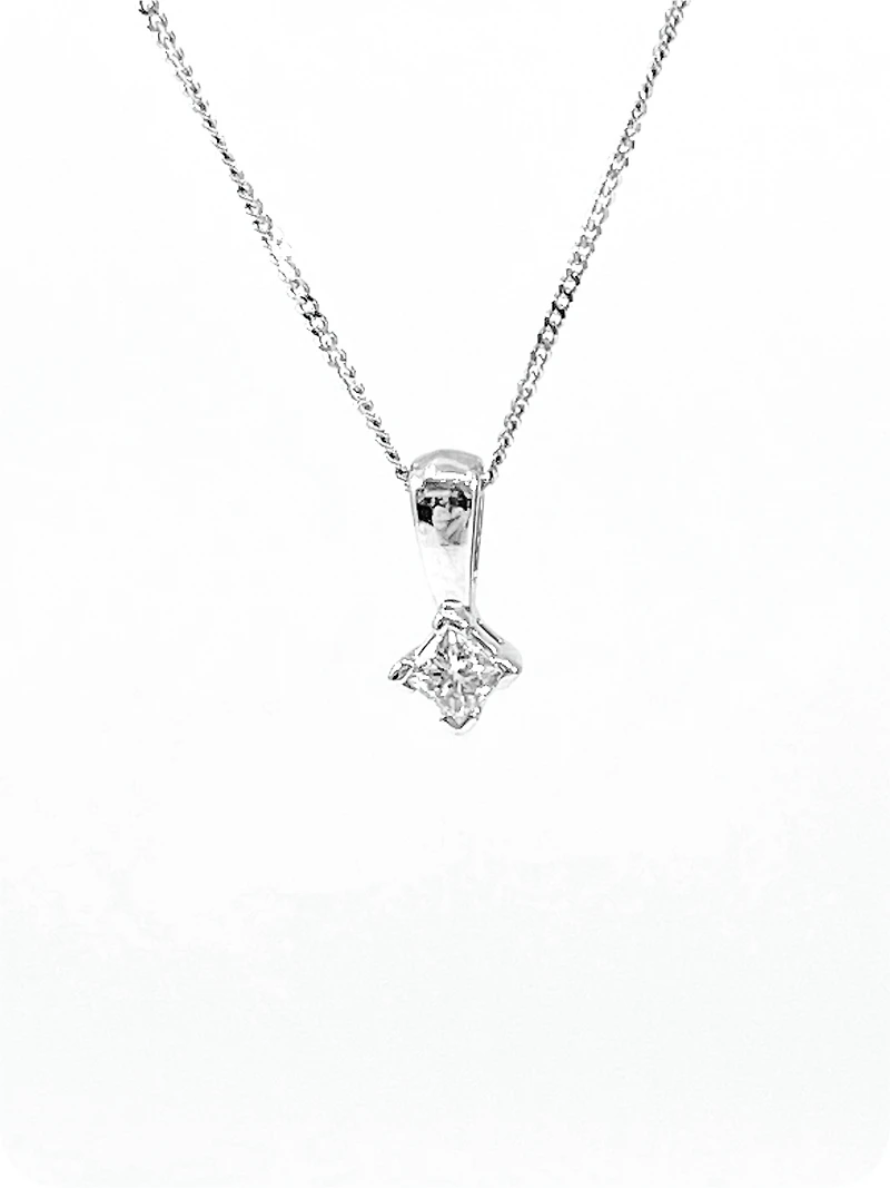 14K White Gold 0.10cttw Princess Cut Square Cut Canadian Diamond Necklace, 18”