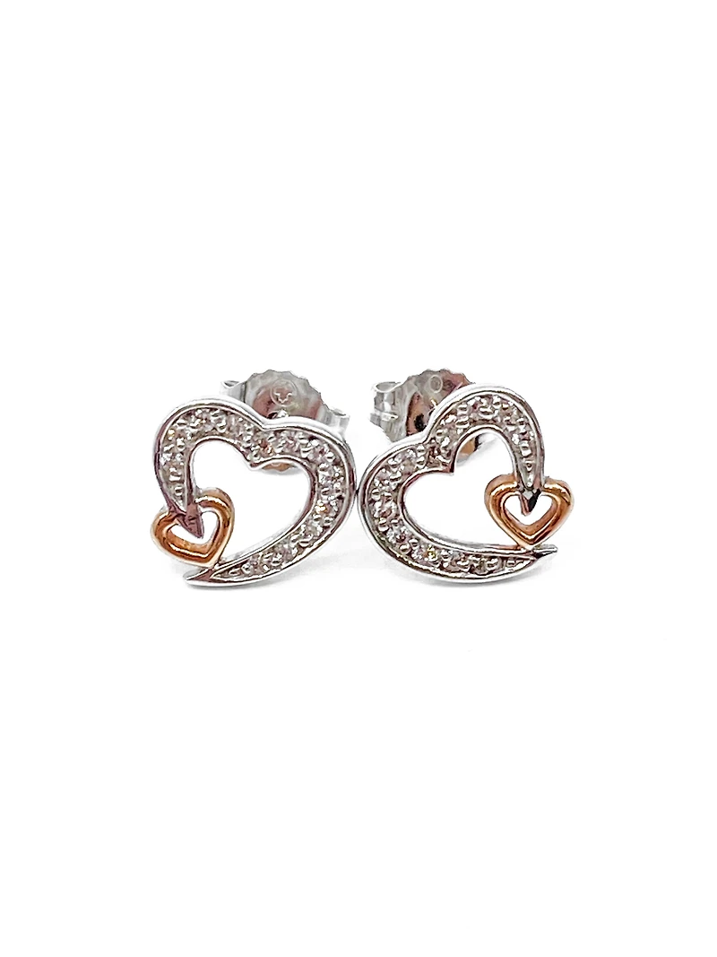10K White & Rose Gold 0.12cttw Diamond Heart Stud Earrings