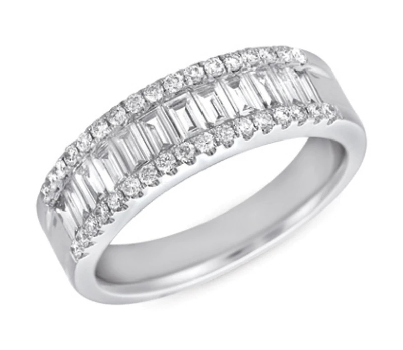 14K White Gold 0.97cttw Baguette Cut & Round Brilliant Cut Diamond Ring, size 6