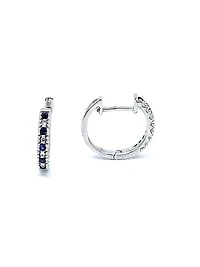 10K White Gold 0.20cttw Genuine Sapphire & 0.04cttw Diamond  Hoop Huggie Hinged Earrings