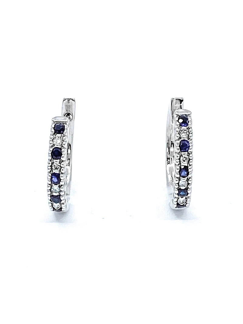 10K White Gold 0.20cttw Genuine Sapphire & 0.04cttw Diamond  Hoop Huggie Hinged Earrings