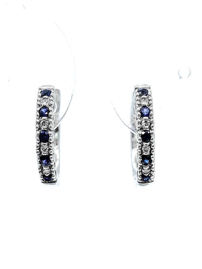10K White Gold 0.20cttw Genuine Sapphire & 0.04cttw Diamond  Hoop Huggie Hinged Earrings