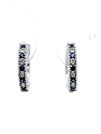 10K White Gold 0.20cttw Genuine Sapphire & 0.04cttw Diamond  Hoop Huggie Hinged Earrings