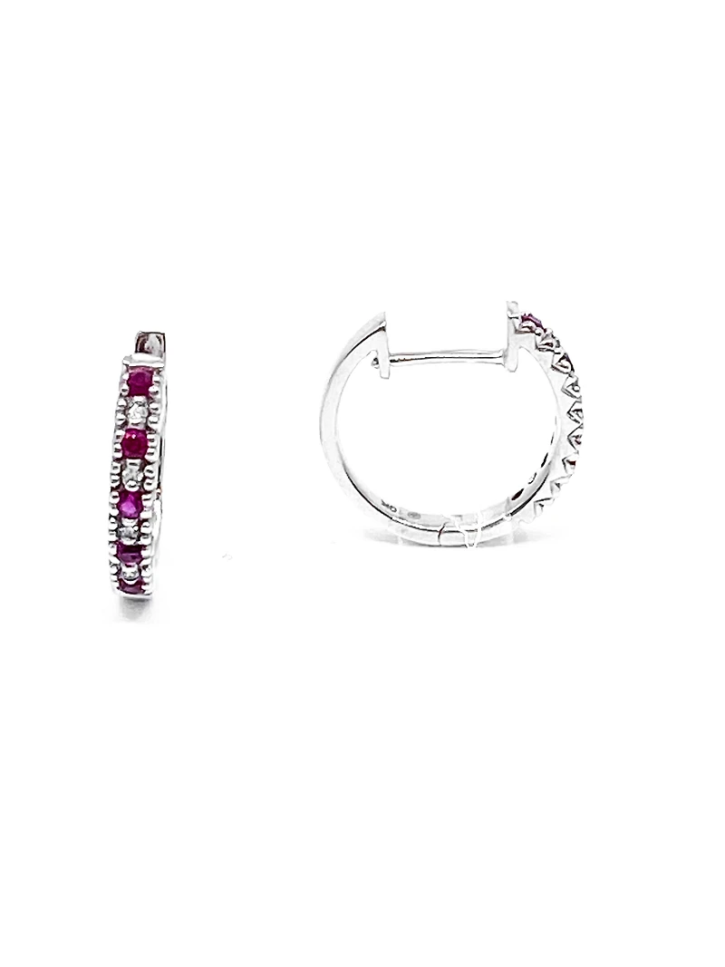 10K White Gold 0.20cttw Genuine Ruby and 0.04cttw Diamond Hoop Huggie Hinged Earrings
