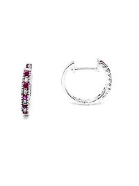 10K White Gold 0.20cttw Genuine Ruby and 0.04cttw Diamond Hoop Huggie Hinged Earrings