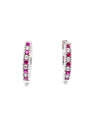 10K White Gold 0.20cttw Genuine Ruby and 0.04cttw Diamond Hoop Huggie Hinged Earrings