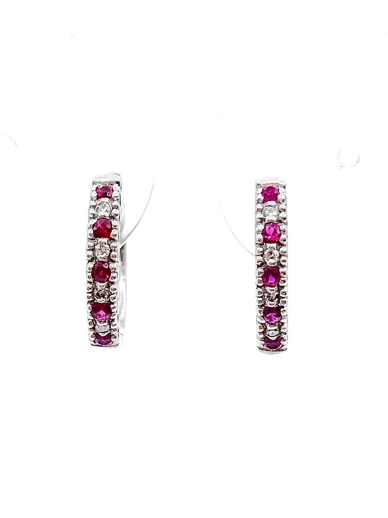 10K White Gold 0.20cttw Genuine Ruby and 0.04cttw Diamond Hoop Huggie Hinged Earrings