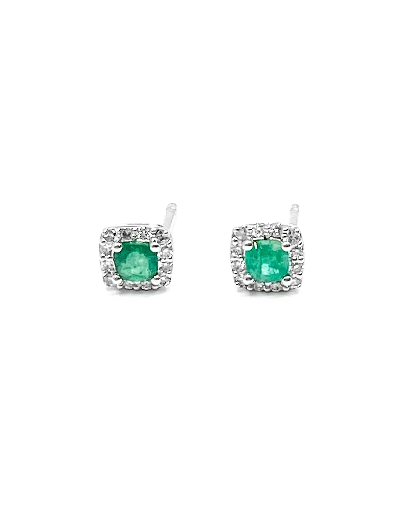 10K White Gold 0.30cttw Emerald & 0.12cttw Diamond Halo Stud Earrings