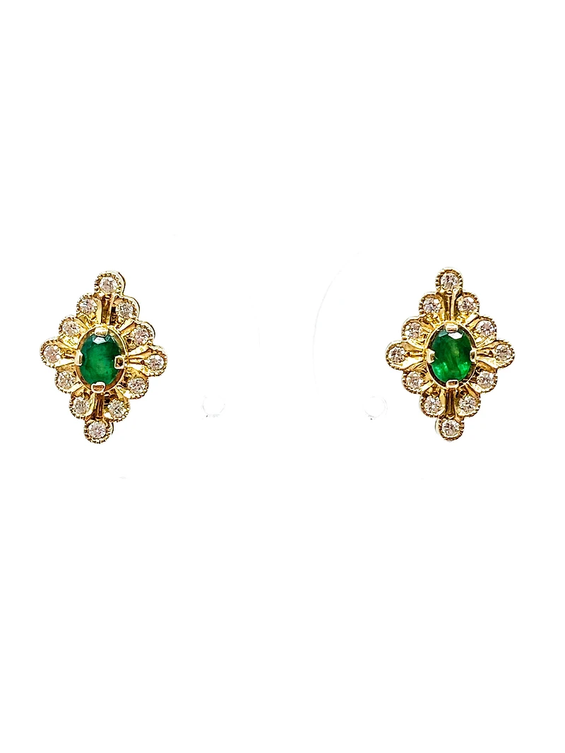 10K Yellow Gold 0.35cttw Emerald and 0.24cttw Diamond Halo Stud Earrings