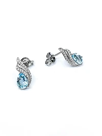 10K White Gold  Blue Topaz &  Diamond Stud Earrings