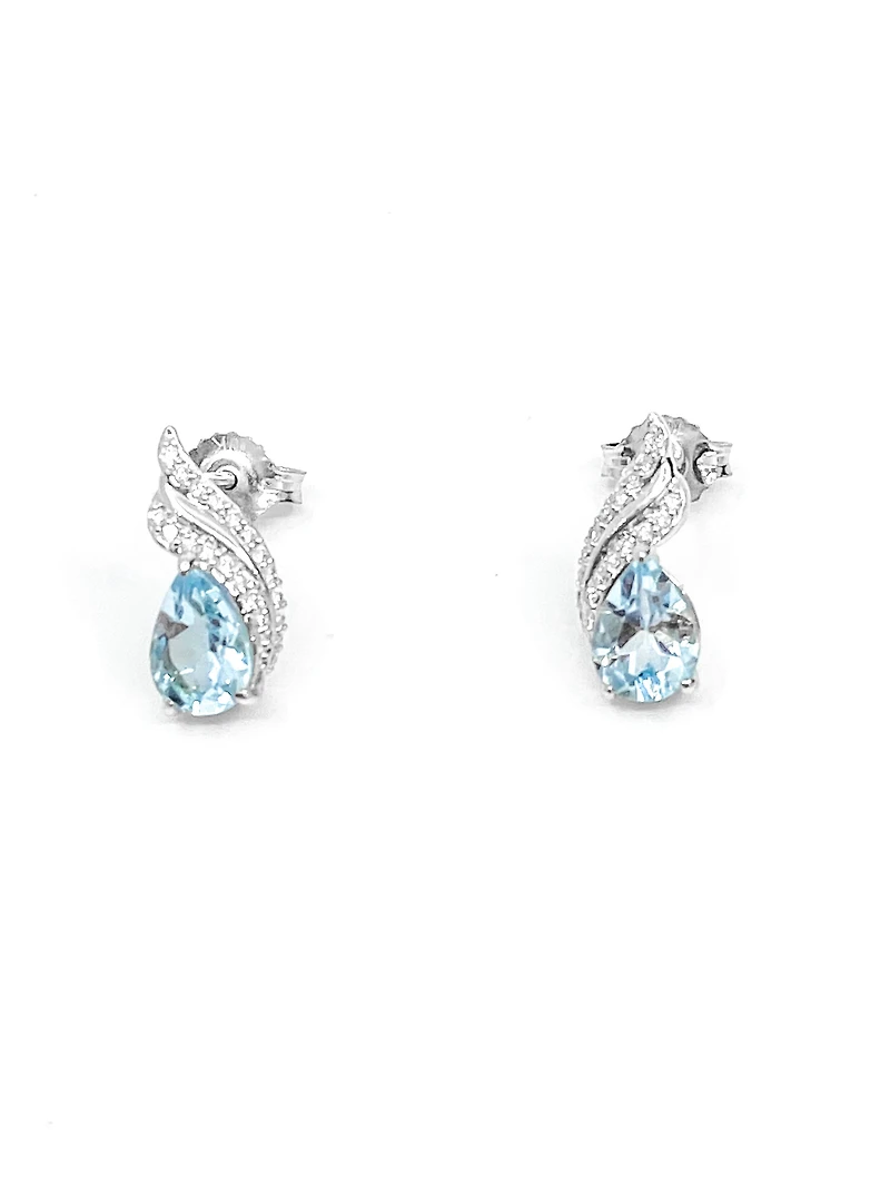 10K White Gold  Blue Topaz &  Diamond Stud Earrings