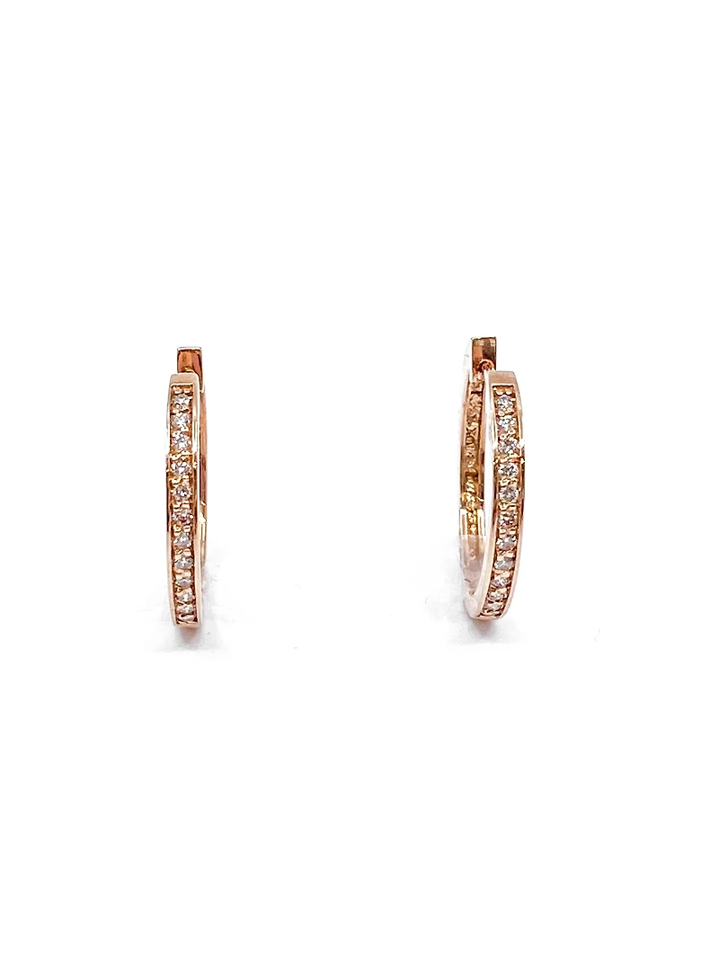 10K Rose Gold Diamond Hoop Huggie Hinged Earrings