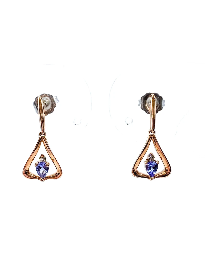 14K Rose Gold 0.32cttw Pear Cut Tanzanite & 0.048cttw Diamond Stud Dangle Drop Earrings