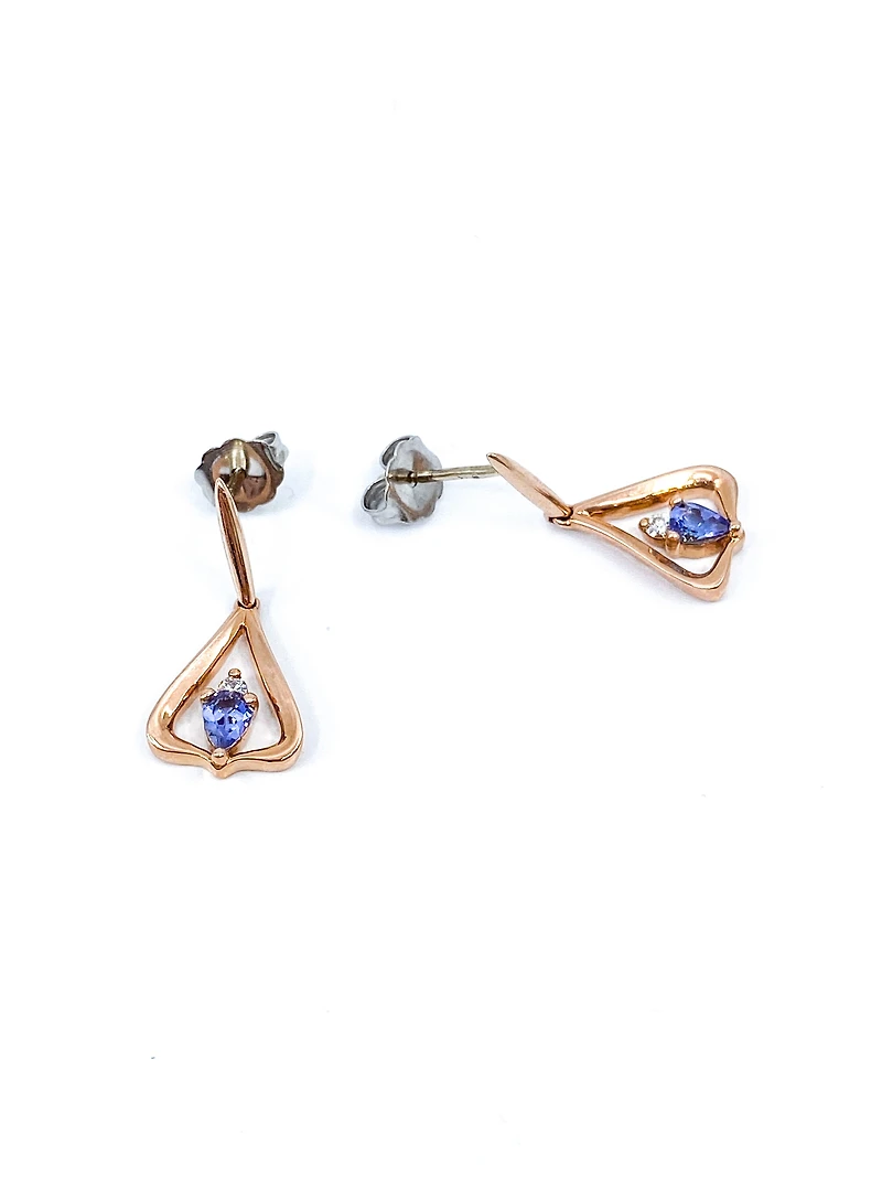 14K Rose Gold 0.32cttw Pear Cut Tanzanite & 0.048cttw Diamond Stud Dangle Drop Earrings