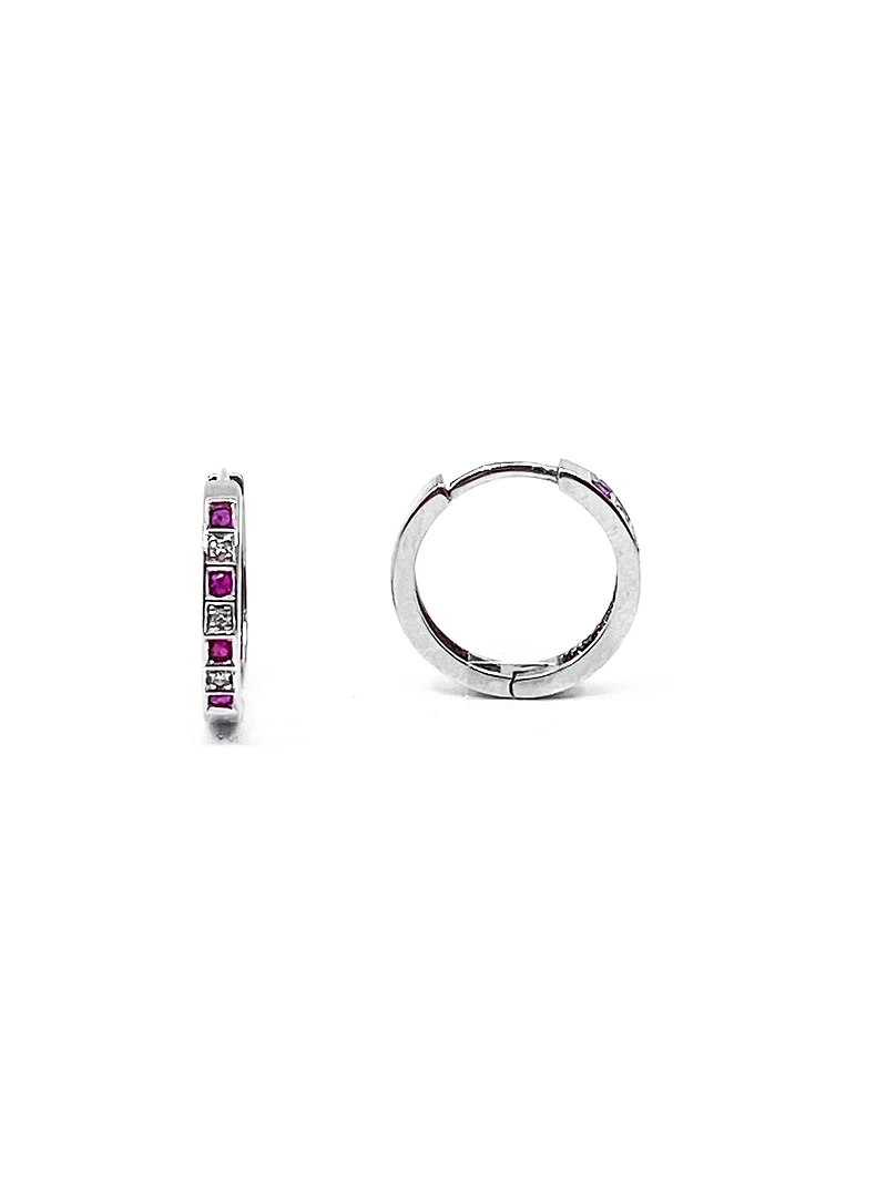 10K White Gold 0.16cttw Genuine Ruby & 0.03cttw Diamond Hoop Huggie Hinged Earrings