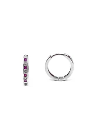 10K White Gold 0.16cttw Genuine Ruby & 0.03cttw Diamond Hoop Huggie Hinged Earrings