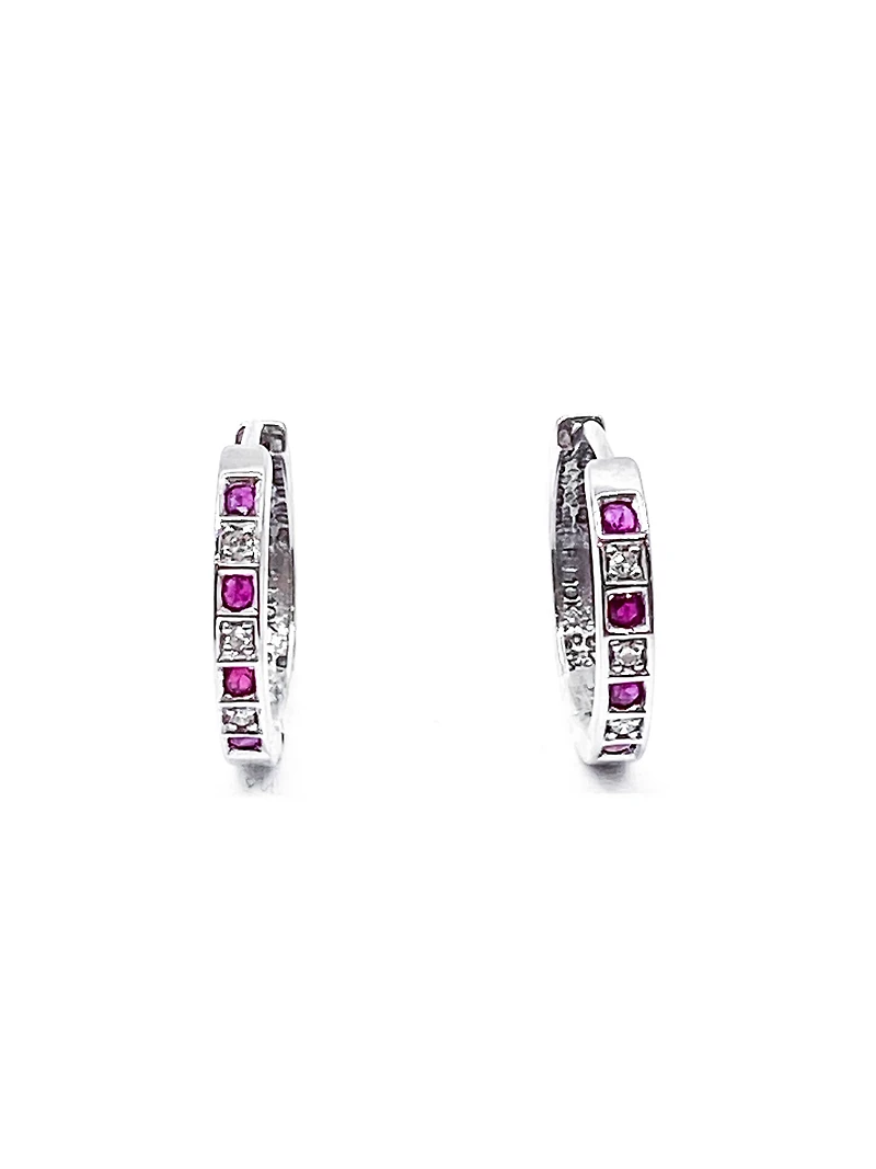 10K White Gold 0.16cttw Genuine Ruby & 0.03cttw Diamond Hoop Huggie Hinged Earrings